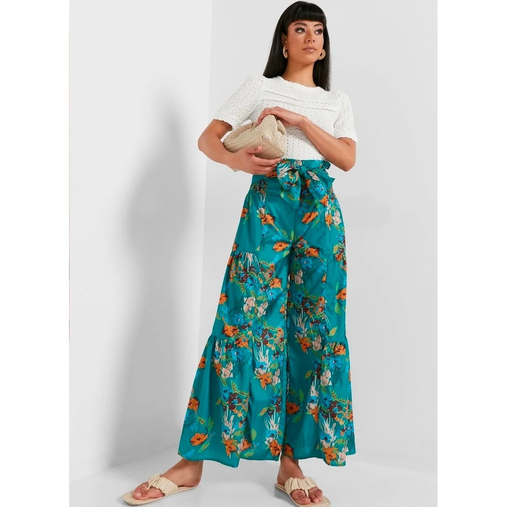Women's Floral Wide Leg Pants Size Medium Teal Tropical Boho Flowy Tie Waist